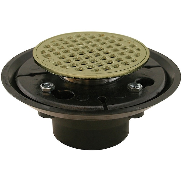 Jones Stephens 2in. x 3in. ABS Shower Drain with 2in. Brass Spud and 4in. Round Polished Brass Strainer D50402 - main